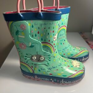 Toddler Size 10 Teal Color Cute Spider Print Rubber boots with handles